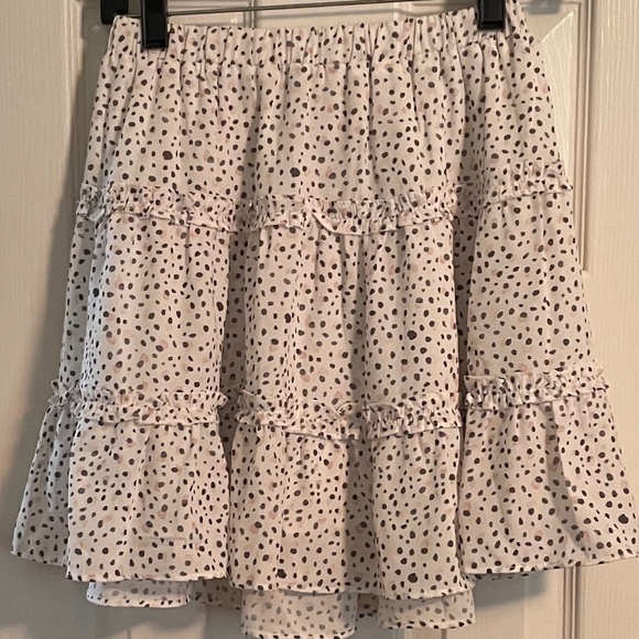 Princess Polly Grey Pink Polka Dot Mini Lined Ruffle Skirt Size 4 - Picture 1 of 4